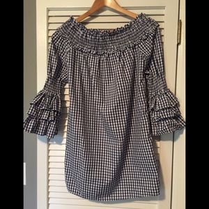 Navy/white gingham off shoulder dress